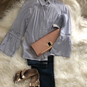 Blue and white strip bell sleeve button up